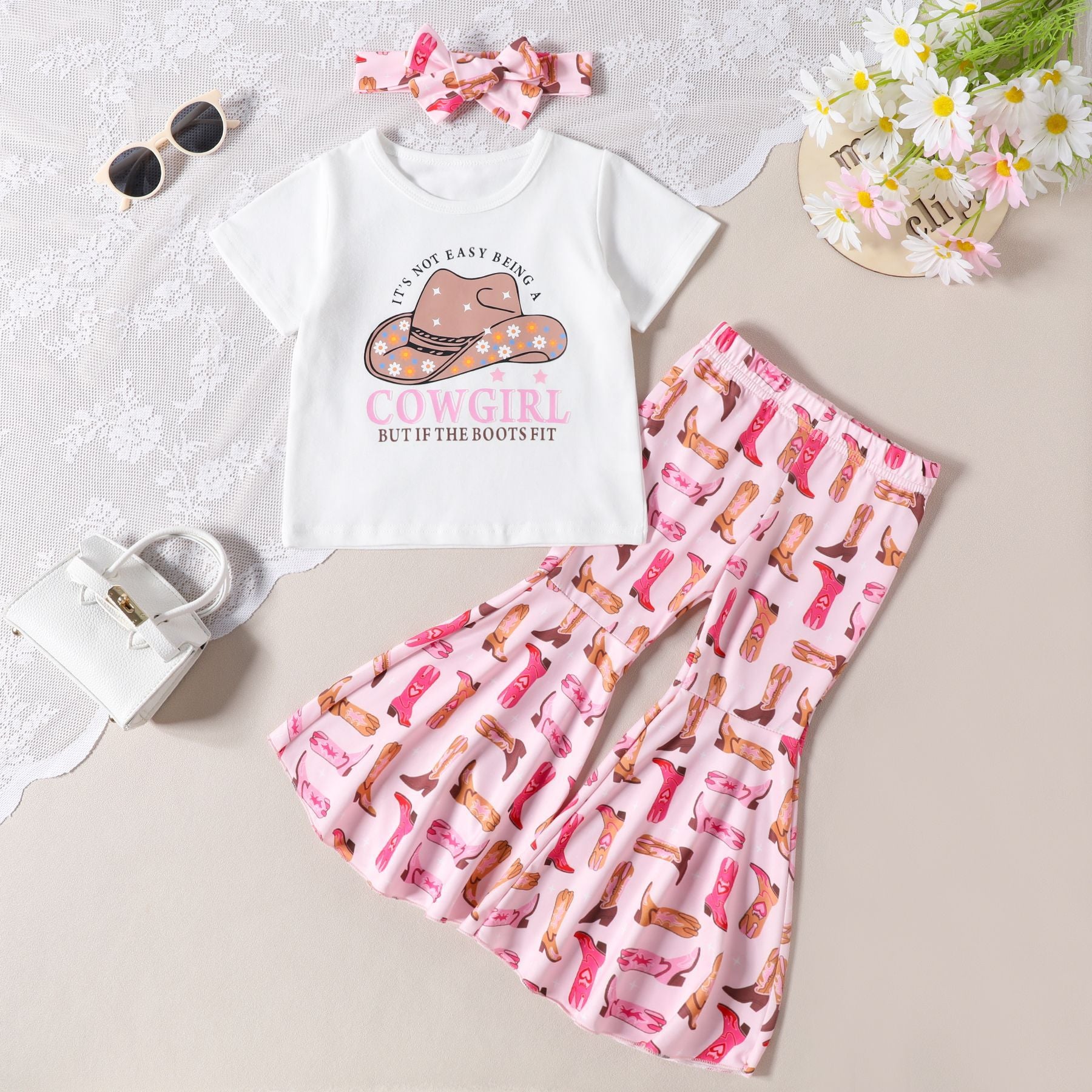 Wholesale of Summer Western Cowhead Printed Cotton T-shirts and Flared Pants Children's Sets